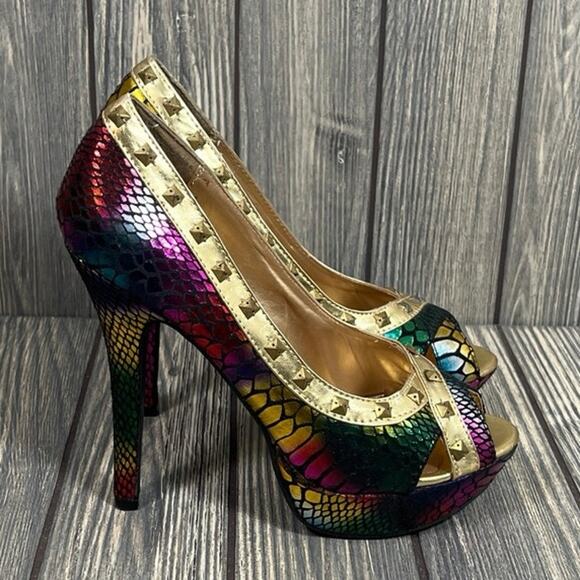 Wild Rose Stiletto Heels Gold Studded Rainbow Snake Print Peep Toe Women Sz 6.5 - Picture 1 of 10